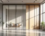 Moderne mobiele wandpanelen en verplaatsbare scheidingswanden in eigentijdse kantoorruimte met glas en akoestische panelen